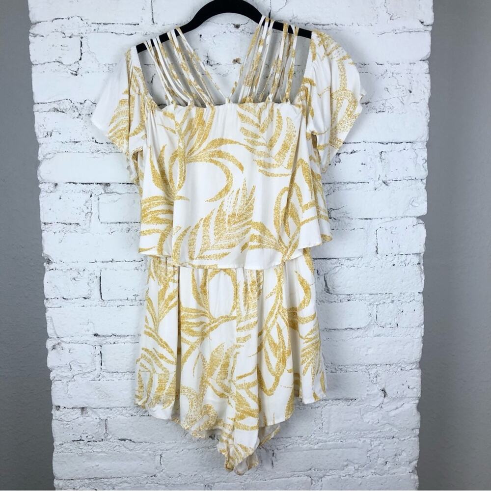 MINKPINK Strapy Mustard Palm Leaves Romper